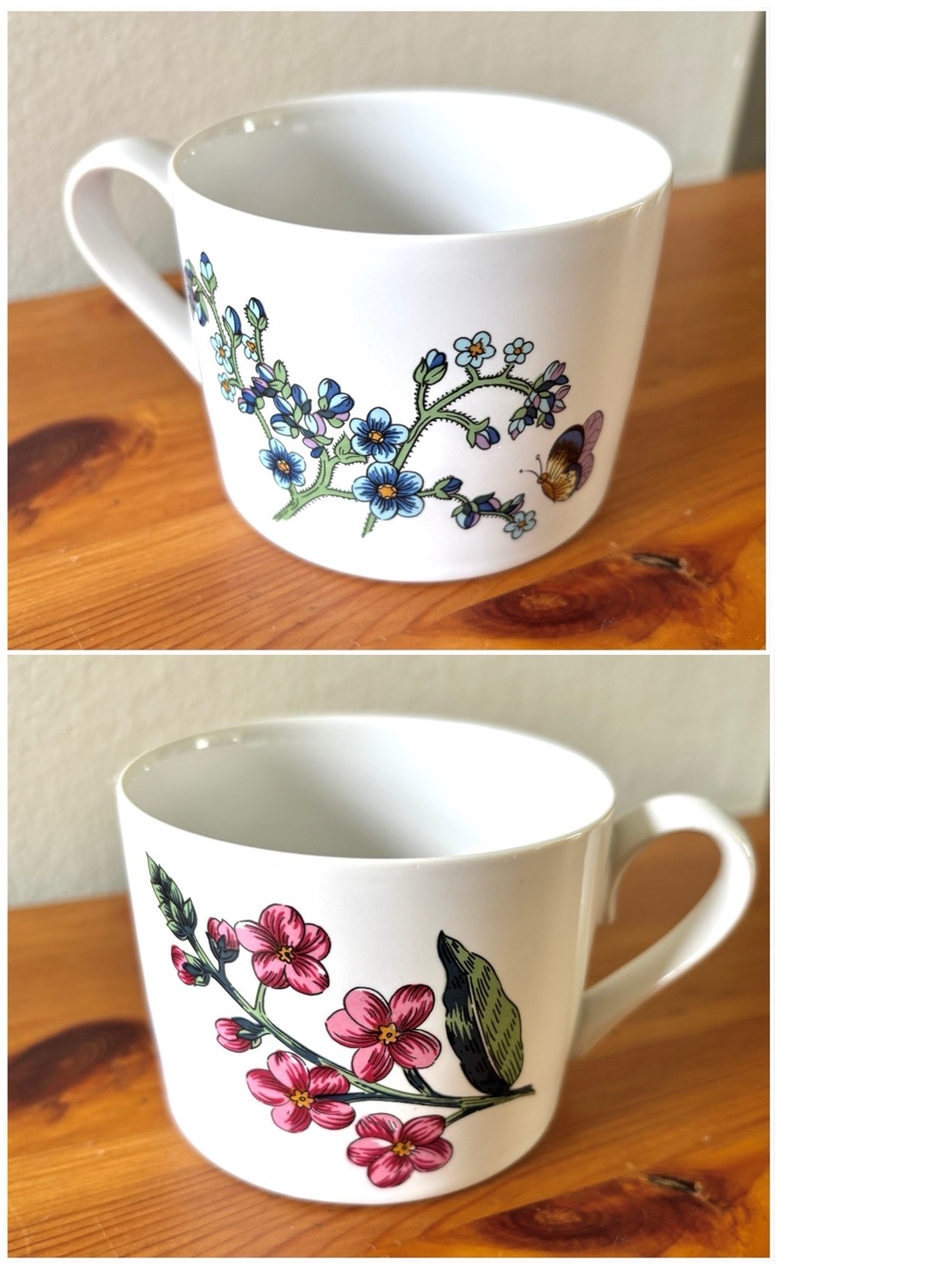 Vintage floral design white cup with blue and pink flowers